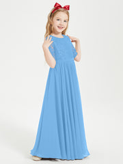 Long Junior Bridesmaid Gown Lace Top Half Sleeves Blue