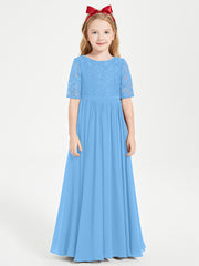 Long Junior Bridesmaid Gown Lace Top Half Sleeves Blue