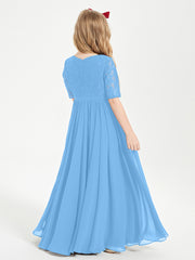 Long Junior Bridesmaid Gown Lace Top Half Sleeves Blue
