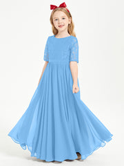 Long Junior Bridesmaid Gown Lace Top Half Sleeves Blue