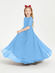 Long Junior Bridesmaid Gown Lace Top Half Sleeves Blue