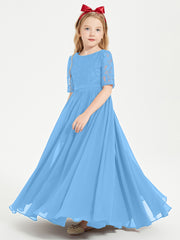 Long Junior Bridesmaid Gown Lace Top Half Sleeves Blue