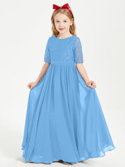 Long Junior Bridesmaid Gown Lace Top Half Sleeves Blue