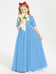 Long Junior Bridesmaid Gown Lace Top Half Sleeves Blue