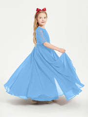 Long Junior Bridesmaid Gown Lace Top Half Sleeves Blue