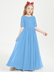 Long Junior Bridesmaid Gown Lace Top Half Sleeves Blue
