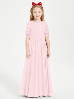 Long Junior Bridesmaid Gown Lace Top Half Sleeves Blushing Pink