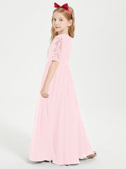 Long Junior Bridesmaid Gown Lace Top Half Sleeves Blushing Pink
