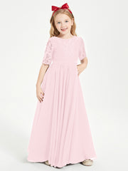 Long Junior Bridesmaid Gown Lace Top Half Sleeves Blushing Pink