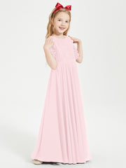 Long Junior Bridesmaid Gown Lace Top Half Sleeves Blushing Pink