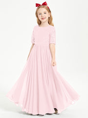 Long Junior Bridesmaid Gown Lace Top Half Sleeves Blushing Pink
