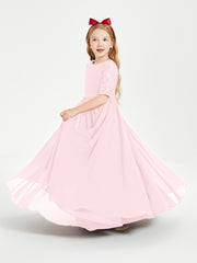 Long Junior Bridesmaid Gown Lace Top Half Sleeves Blushing Pink