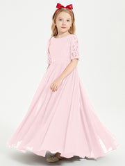 Long Junior Bridesmaid Gown Lace Top Half Sleeves Blushing Pink
