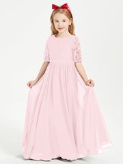 Long Junior Bridesmaid Gown Lace Top Half Sleeves Blushing Pink