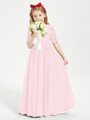 Long Junior Bridesmaid Gown Lace Top Half Sleeves Blushing Pink