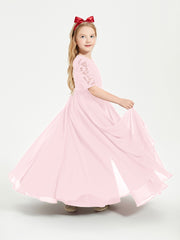 Long Junior Bridesmaid Gown Lace Top Half Sleeves Blushing Pink
