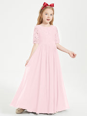Long Junior Bridesmaid Gown Lace Top Half Sleeves Blushing Pink