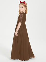 Long Junior Bridesmaid Gown Lace Top Half Sleeves Brown