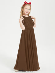 Long Junior Bridesmaid Gown Lace Top Half Sleeves Brown