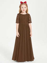Long Junior Bridesmaid Gown Lace Top Half Sleeves Brown