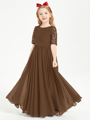 Long Junior Bridesmaid Gown Lace Top Half Sleeves Brown