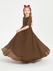 Long Junior Bridesmaid Gown Lace Top Half Sleeves Brown