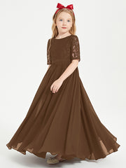 Long Junior Bridesmaid Gown Lace Top Half Sleeves Brown