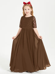 Long Junior Bridesmaid Gown Lace Top Half Sleeves Brown
