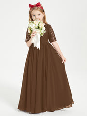 Long Junior Bridesmaid Gown Lace Top Half Sleeves Brown