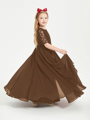 Long Junior Bridesmaid Gown Lace Top Half Sleeves Brown