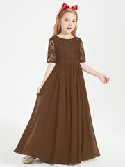 Long Junior Bridesmaid Gown Lace Top Half Sleeves Brown