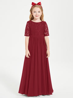 Long Junior Bridesmaid Gown Lace Top Half Sleeves Burgundy