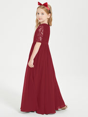 Long Junior Bridesmaid Gown Lace Top Half Sleeves Burgundy