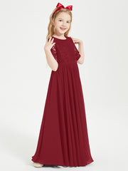 Long Junior Bridesmaid Gown Lace Top Half Sleeves Burgundy