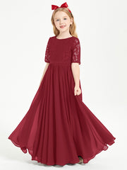 Long Junior Bridesmaid Gown Lace Top Half Sleeves Burgundy
