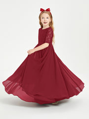 Long Junior Bridesmaid Gown Lace Top Half Sleeves Burgundy