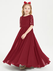 Long Junior Bridesmaid Gown Lace Top Half Sleeves Burgundy
