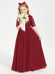 Long Junior Bridesmaid Gown Lace Top Half Sleeves Burgundy