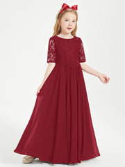 Long Junior Bridesmaid Gown Lace Top Half Sleeves Burgundy