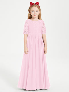 Long Junior Bridesmaid Gown Lace Top Half Sleeves Candy Pink