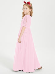 Long Junior Bridesmaid Gown Lace Top Half Sleeves Candy Pink