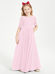 Long Junior Bridesmaid Gown Lace Top Half Sleeves Candy Pink