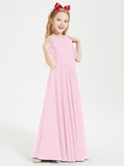Long Junior Bridesmaid Gown Lace Top Half Sleeves Candy Pink