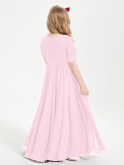 Long Junior Bridesmaid Gown Lace Top Half Sleeves Candy Pink