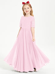 Long Junior Bridesmaid Gown Lace Top Half Sleeves Candy Pink