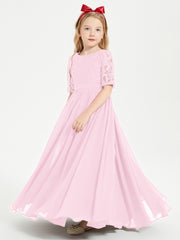 Long Junior Bridesmaid Gown Lace Top Half Sleeves Candy Pink