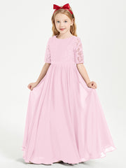 Long Junior Bridesmaid Gown Lace Top Half Sleeves Candy Pink