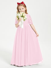 Long Junior Bridesmaid Gown Lace Top Half Sleeves Candy Pink