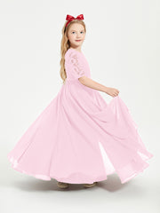 Long Junior Bridesmaid Gown Lace Top Half Sleeves Candy Pink