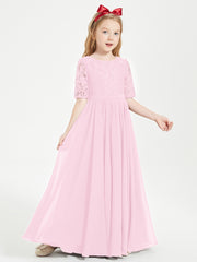 Long Junior Bridesmaid Gown Lace Top Half Sleeves Candy Pink